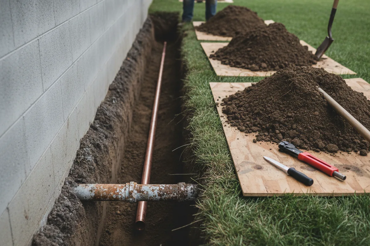 Excavated water line trench during Sewer Line Repair in Kerman